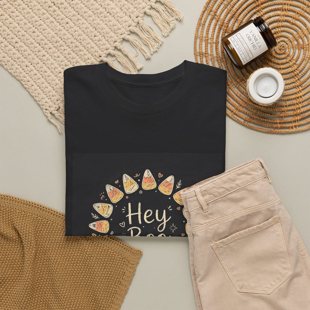 Hey Boo Halloween T-Shirt - Chalk Candy Corn Black Tee