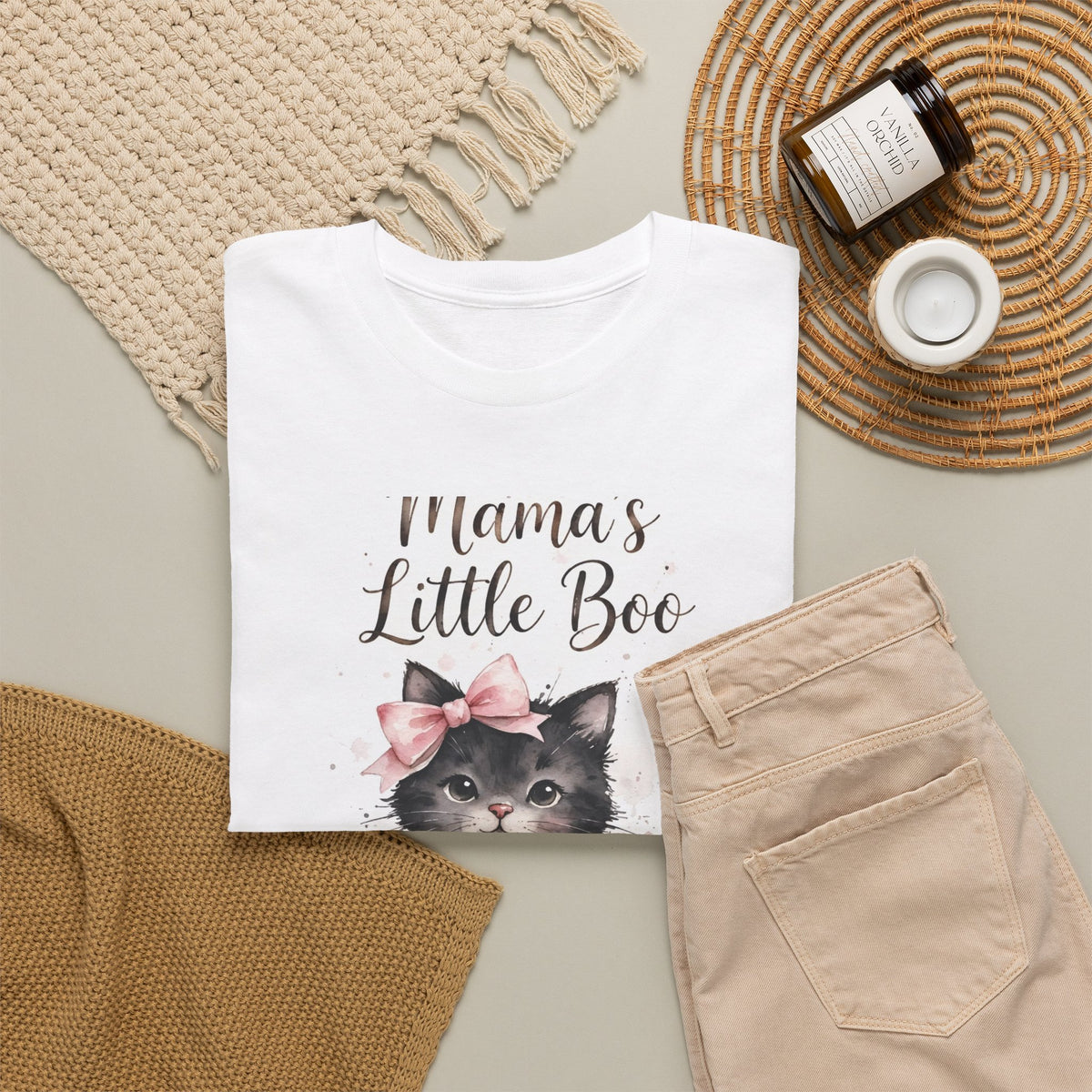 Mama's Little Boo Halloween T-Shirt - Watercolor Cat Tee