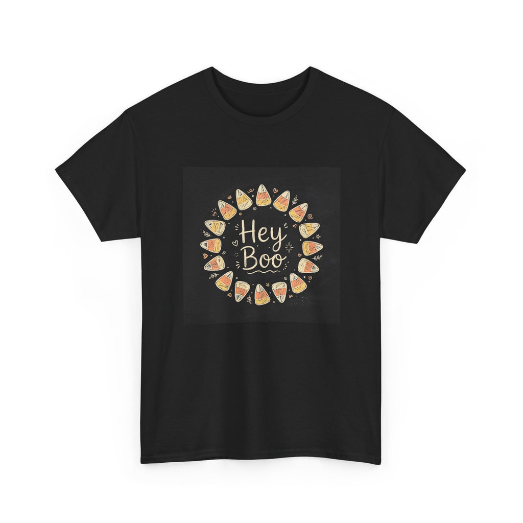 Hey Boo Halloween T-Shirt - Chalk Candy Corn Black Tee