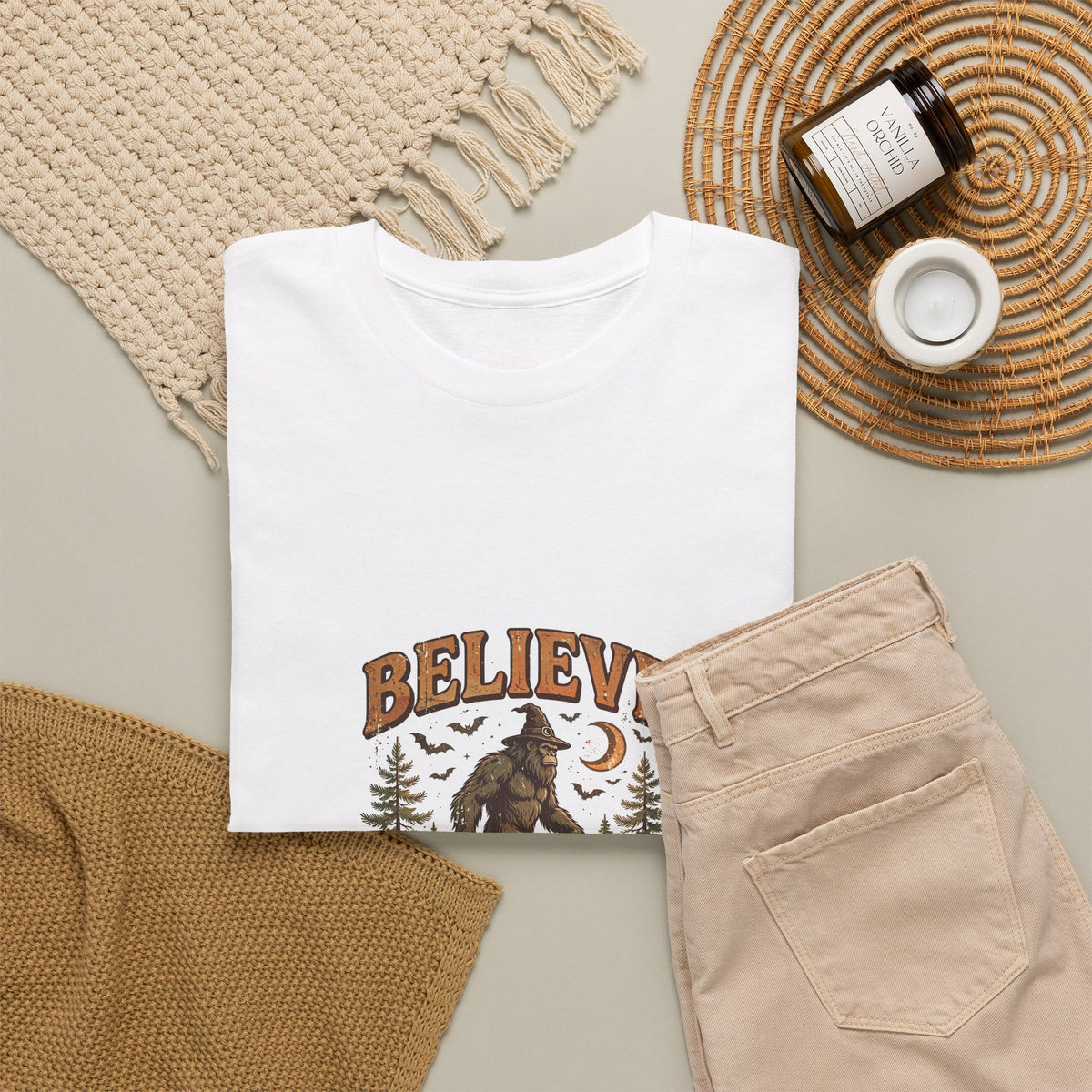 Believe Halloween T-Shirt - Bigfoot Witch Hat Tee